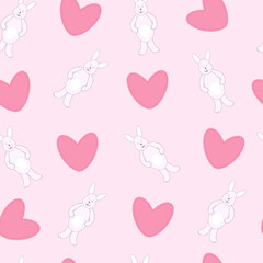 Seamless pattern with rabbit, bunny and hearts on a pink background. Vector illustration