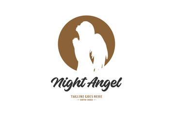 Obraz premium Moon Night with Praying Angel Girl Woman Lady Wings Silhouette Logo Design