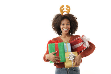 African American young woman wearing reindeer head band holding many present boxes, Christmas festive season, giving, happiness, enjoy, smiling happily in new year gift.
