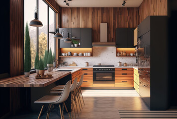 a contemporary kitchen's interior with wooden accents. Generative AI