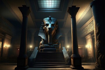 Ancient Egyptian majestic temple with columns and a throne. Atmospheric ancient interior Egypt hall. Rays of the sun, haze. AI - obrazy, fototapety, plakaty