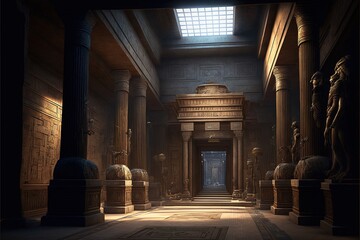 Ancient Egyptian majestic temple with columns and a throne. Atmospheric ancient interior Egypt hall. Rays of the sun, haze. AI