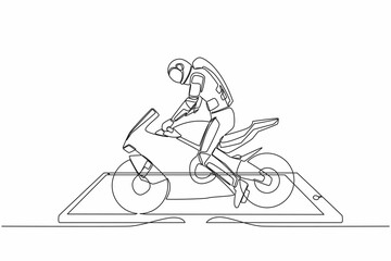 Continuous one line drawing young astronaut biker wearing helmet, riding motorcycle on smartphone screen. Online sport bike. Cosmonaut outer space. Single line draw graphic design vector illustration