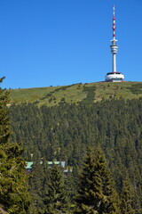 Obraz premium Telecommunication tower on the summit of Praded and mountain hut Barborka in High Ash Mountains,Nymburk District,Czech Republic,Europe 