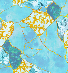 Kintsugi repeated background. Dark mosaic, ornate puzzle with golden lines seamless pattern design. Fragmented patchwork art, gold crackle. Beautiful abstract backdrop