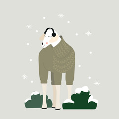 Sheep in a sweater a headphoneslisten to music. Vector illustration. Winter concept.