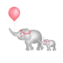 Adorable Watercolor Blushing Mother and Baby Elephant Holding Pink Balloon Wearing Pink Leaves Headpiece Transparent Clipart