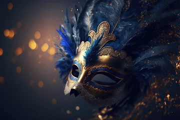Fotobehang Realistic luxury carnival mask with blue feathers. Abstract blurred background, gold dust, and light effects. Generative Ai © makstorm