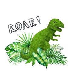 Cartoon t-rex dinosaur card. Tyrannosaur dino in tropical green leaves and text “Roar”. Watercolor kids design © zzorik