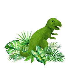 Cartoon t-rex dinosaur card. Tyrannosaur dino in tropical green leaves. Watercolor kids design © zzorik