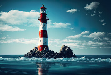 Lighthouse on the Ocean or Sea with a Background of Blue Sky. Generative AI