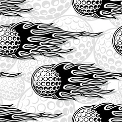 Golf balls and fire flame seamless pattern vector art graphic. Flaming golf ball continuous background wallpaper texture.