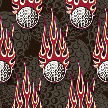 Golf balls and fire flame seamless pattern vector art graphic. Flaming golf ball continuous background wallpaper texture.