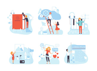Digital Marketing with People Creating Media Content Vector Scene Set