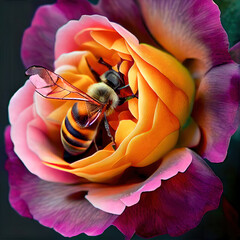 A bee on a rose collects nectar, insect life.