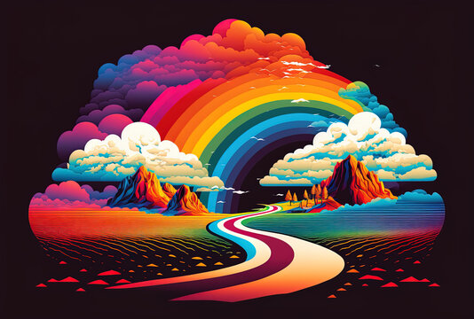 Rainbow Scenery. watch the Never World series. For use in inner life, drama, poetry, art, and design projects, a composition of colors, textures, and gradient clouds. Generative AI