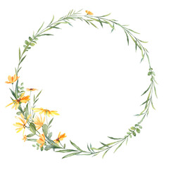 Fototapeta na wymiar Floral wreath template with copy space in the middle. Wedding and greeting card template with realistic watercolor botany plants arranged into blooming wreath