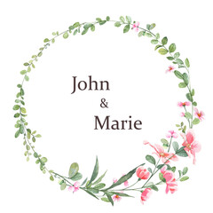 Floral wreath template with copy space in the middle. Wedding and greeting card template with realistic watercolor botany plants arranged into blooming wreath