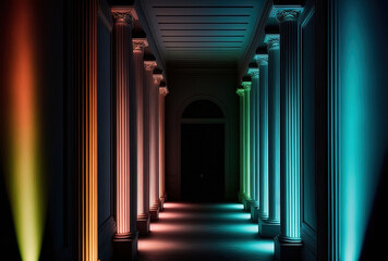 a column lined, dark hallway with color LED lighting. Generative AI