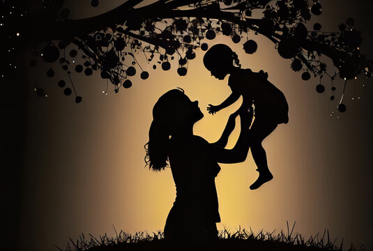 happy mother day greeting , love playing with her small daughter in silhouette full of emotions at sunset  generative ai  