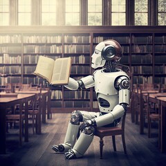 Fototapeta premium Robot reading in the library.