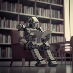 Fototapeta premium Robot reading in the library.