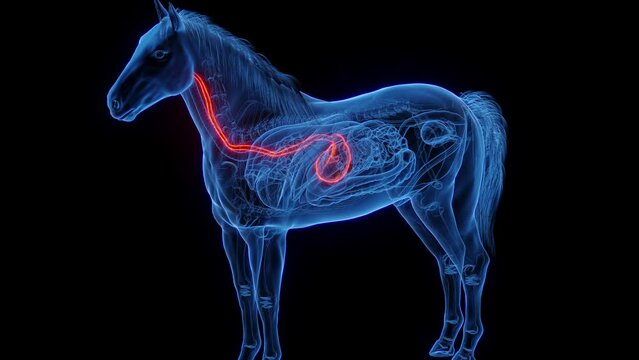 3D medical animation of a horse's stomach and esophagus