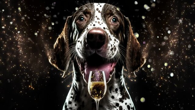Animation of dog and a glass of champagne with glitter
