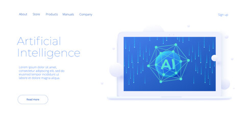 Artificial intelligence or neural network concept in isometric vector illustration. Neuronet or ai technology background with data screens and cloud connection. Web banner layout template
