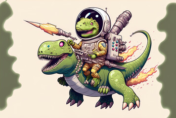 Cartoon symbol of a cute astronaut riding a dinosaur and holding a space rifle. Generative AI