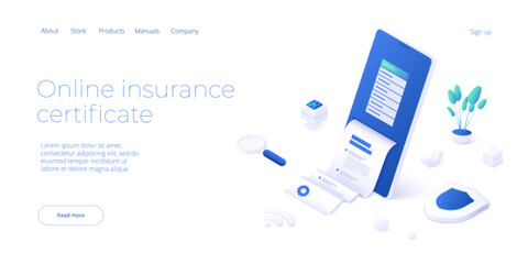 Online insurance certificate service in isometric vector design. Car or health and life safety document print with smartphone. Website layout or web banner template