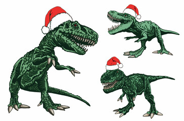 Vector set of color dinosaurs in Santa Claus red hats isolated on white background, dino collection