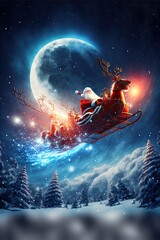 Obraz na płótnie Canvas Santa Claus flying over with the reindeers under a large full moon, generative AI