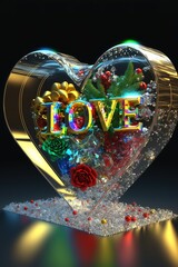 Glass crystal heart with flowers and the word LOVE, generative AI