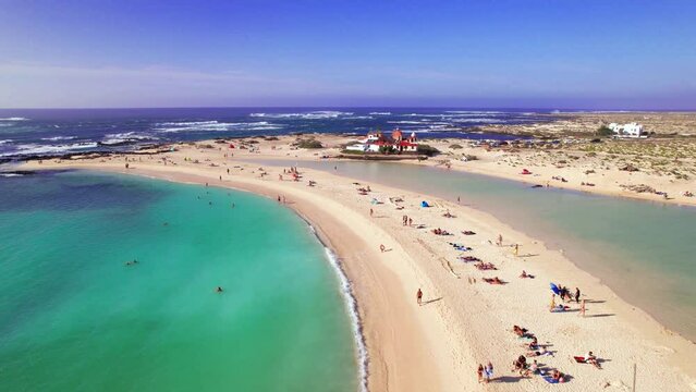 Best scenic beaches of Fuerteventura island. La Conca beach in El Cotilio in northern part. aerial drone 4k video