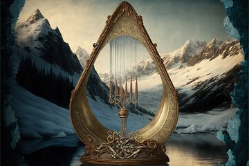 Winter mountain fantasy landscape, Antique harp, stringed ancient musical instrument. AI