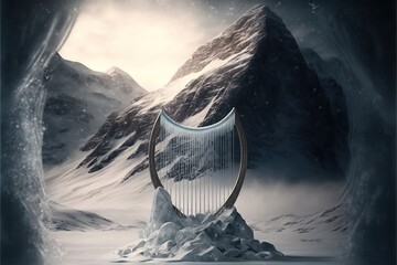 Winter mountain fantasy landscape, Antique harp, stringed ancient musical instrument. AI