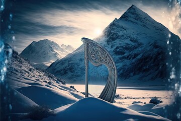 Winter mountain fantasy landscape, Antique harp, stringed ancient musical instrument. AI