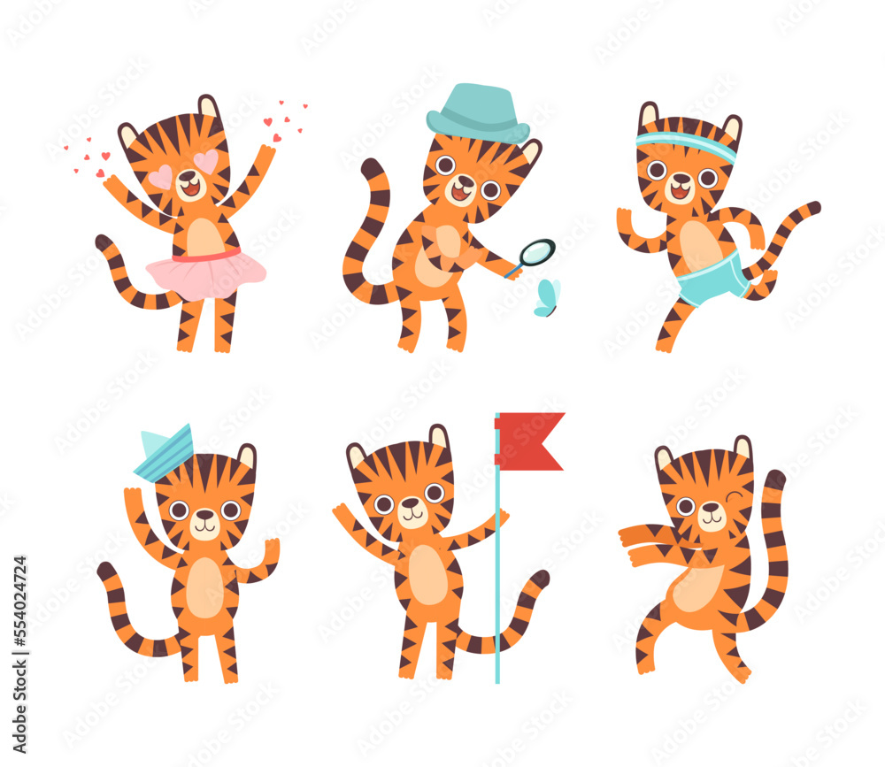 Sticker cute little tiger with striped coat engaged in different activity vector set