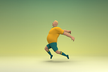 Naklejka na ściany i meble An athlete wearing a yellow shirt and green pants is jumping. 3d rendering of cartoon character in acting.