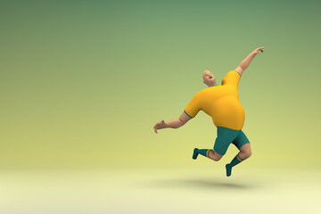 Fototapeta na wymiar An athlete wearing a yellow shirt and green pants is jumping. 3d rendering of cartoon character in acting.