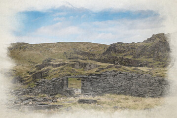 Fototapeta na wymiar Cwmorthin slate quarry digital watercolour painting.