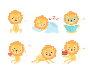 Lion Cub Character with Thick Mane Engaged in Different Activity Vector Set