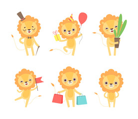 Lion Cub Character with Thick Mane Engaged in Different Activity Vector Set