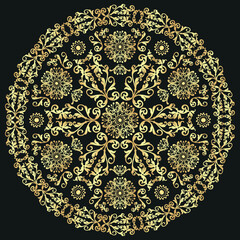 Vintage golden gradient patten with lact mandala isolated on black, vector