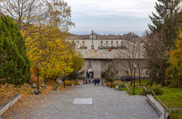 OROPA, ITALY, OCTOBER 30, 2022 - View of Oropa Sanctuary, marian sanctuary dedicated to the Black Madonna, Biella province, Piedmont, Italy