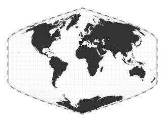 Vector world map. Baker Dinomic projection. Plan world geographical map with latitude/longitude lines. Centered to 0deg longitude. Vector illustration.