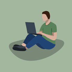 Vector isolated illustration of a man with a laptop. Remote work.