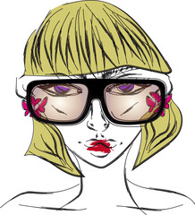Blonde model in retro sunglasses, bangs. Retro style, 60s