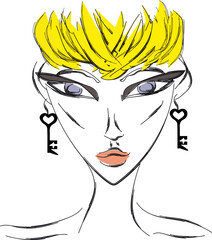 Blonde model, bangs, pixie hairstyle. Eye arrows, bold makeup. Key earrings